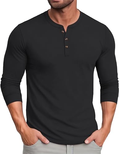 MAGCOMSEN Henley Shirt Langarmshirt Herren Baumwolle Longsleeve Atmungsaktive Arbeit Casual Basic Shirt Schwarz L von MAGCOMSEN