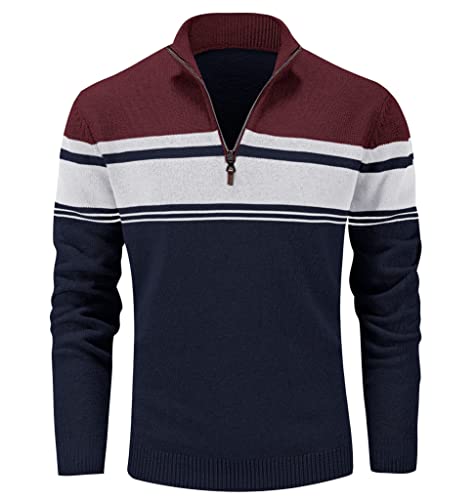 MAGCOMSEN Herren 1/4 Zip Fleece Pullover Gestreift Sweater Longsleeve Warme Strickjacke Männer Winter Weich Fleeceshirt Casual Arbeitspullover Slim Fit Stehkragen Pulii Dunkelblau-Rot L von MAGCOMSEN
