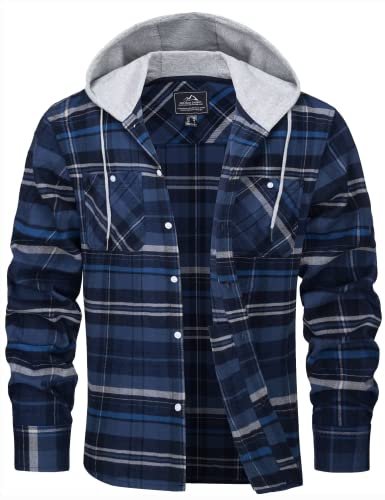 MAGCOMSEN Herren Checked Shirt Hemd Kapuze Kariertes Hemd Freizeit Flanellhemd Jacke Männer Atmungsaktiv Holzfällerhemd Basic Outdoor Arbeitshemd Baumwolle Wandern Hoodie Blau Grau L von MAGCOMSEN