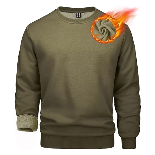 MAGCOMSEN Herren Crewneck Langarmshirt Fleece Sport Pullover Einfarbig Baumwolle Sweatshirt Herren O-Neck Casual Tops Gefüttert Winter Laufpullover Gym Outdoor Oberteile Shirt Armeegrün XL von MAGCOMSEN