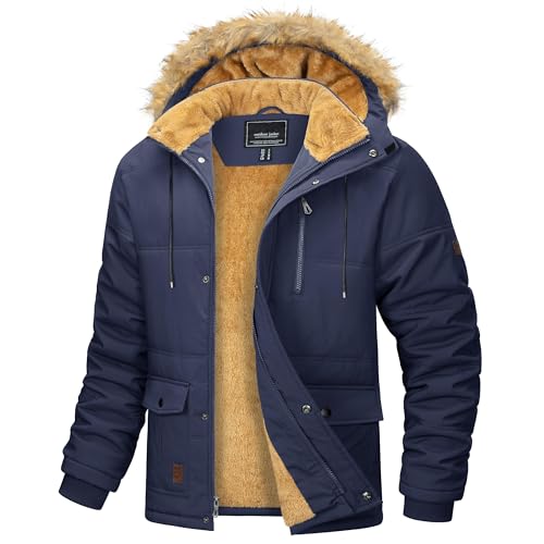 MAGCOMSEN Herren Fleece Parka Gefüttert Outdoor Winterjacke Winddicht Freizeitjacke Warme Daunenjacke Männer Fahrrad Arbeitsjacke Dick Wandern Mantel mit Abnehmbar Kapuze Dunkelblau 3XL von MAGCOMSEN