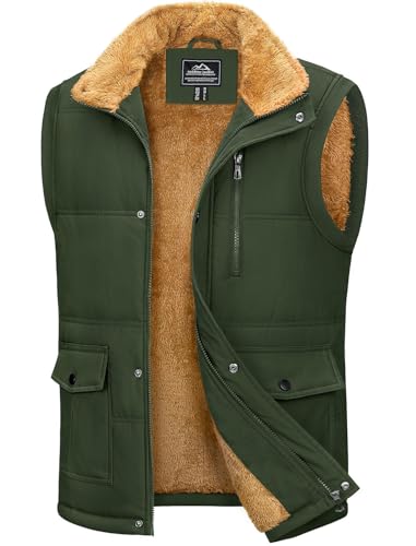 MAGCOMSEN Herren Fleece Steppweste Outdoor Warm Weste Winter Stehkragen Anglerweste Männer Thermo Winterjacke Ärmellos Training Sport Jacke mit Mehrfachtaschen Armeegrün XXL von MAGCOMSEN