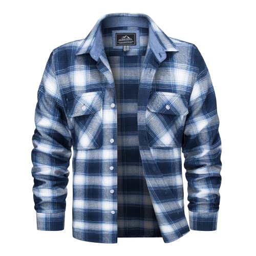 MAGCOMSEN Herren Freizeit Langarmhemd Arbeit Holzfällerhemd Revers Klassisch Flanellhemd Männer Frühling Plaid Outdoorjacke Basic Kariert Shirt Top Baumwolle Verschleißfest Hemd Blau Weiß S von MAGCOMSEN