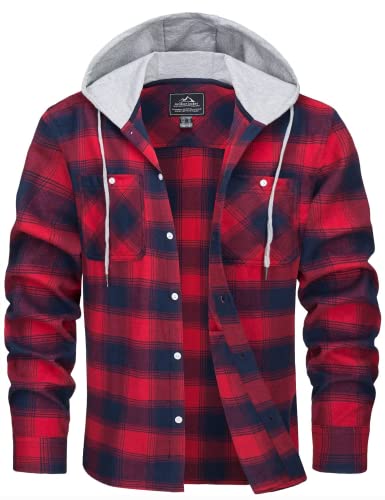 MAGCOMSEN Herren Freizeit Shirt Hemden Checked Flanell Hemd Hoodie Casual Sport Karohemd Herren Button-Down Plaid Jacke Outdoor Camping Hiking Funktionshemd mit Kapuze Rot 3XL von MAGCOMSEN