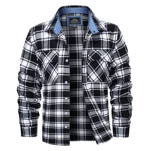 MAGCOMSEN Herren Freizeit Shirt Hemden Checked Flanell Knopf Hemd Casual Langärmlig Karohemd Herren Button-Down Plaid Jacke Hemd Outdoor Frühling Herbst Funktionshemd mit Revers Schwarz L von MAGCOMSEN