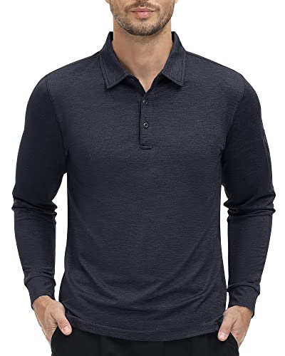 MAGCOMSEN Herren Funktions Polo Shirt Langarm Atmungsaktiv Golf Shirt Regular Fit Polohemd Sportliche Langarmshirt mit 3 Knöpfen, Schwarz L von MAGCOMSEN