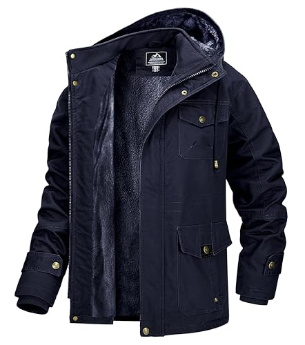 MAGCOMSEN Herren Gefüttert Winterjacke Outdoor Fleecejacke Armee Militär Jacke Herren Warm Bomberjacke Winddicht Arbeitsjacke mit 7 Taschen Dunkelblau L von MAGCOMSEN