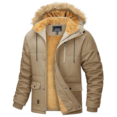 MAGCOMSEN Herren Gefütterte Winterparka Winddicht Daunenjacke Outdoor Fleecejacke Männer Wasserabweisende Freizeitjacke Wandern Camping Jacke Verdickt Skijacke mit Fellkapuze Khaki 3XL von MAGCOMSEN