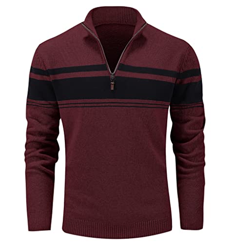 MAGCOMSEN Herren Gestreift Sweater Stehkragen Freizeitpullover Langarm Winter Strickjacken Casual Warme Top Männer Fleece Outdoor Sweatshirt Weich Basic Arbeitspulli mit 1/4 Zip Weinrot M von MAGCOMSEN