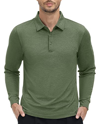 MAGCOMSEN Herren Golf Poloshirt Langarm Frühling Polohemd Tennis Shirt mit Polokragen Schnelltrockend Jogging T-Shirt Wandershirt, Olivgrün L von MAGCOMSEN