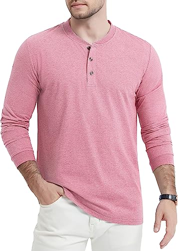 MAGCOMSEN Herren Henley Freizeithemd Classic Baumwolle Longsleeve Shirt Sommer Atmungsaktiv Outdoorshirt Herren Leicht Sport T-Shirt Regular Fit Jagdshirt Pink L von MAGCOMSEN