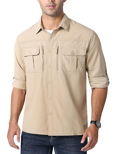 MAGCOMSEN Herren Jagdhemd Militär Hemd Outdoor UV Schutz Shirts Sommer Funktionshemd Herren Quick Dry Shirts Langarm Taktisch Hemd Leicht Arbeitshemd Khaki 3XL von MAGCOMSEN