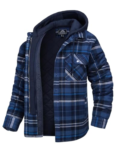 MAGCOMSEN Herren Kapuze Kariertes Hemd Plaid Fleece Jacke Winter Frühling Flanellhemd Verdickt Outdoor Freizeithemd Herren Gesteppte Gefütterte Hemdjacke Hoodie Longsleeve Thermohemd Blau Grau 3XL von MAGCOMSEN