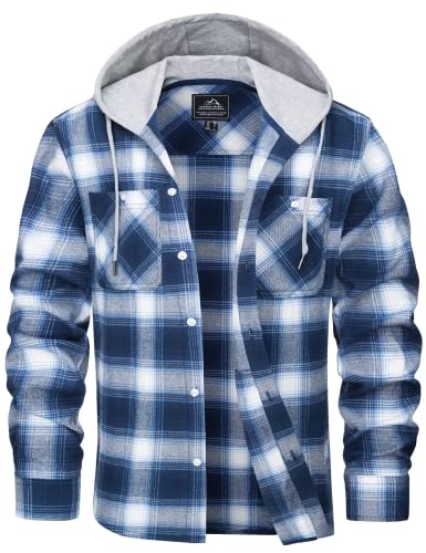 MAGCOMSEN Herren Kariert Flanellhemd Baumwolle Hemd Shirt Outdoor Plaid Sweatshirt Männer Atmungsaktiv Arbeitshemd Frühling Herbst Lässige Karohemd mit Kapuze Blau Weiß M von MAGCOMSEN