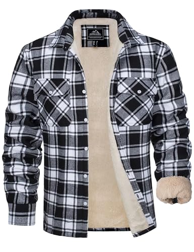 MAGCOMSEN Herren Karierte Jacke Winterjacke Übergangsjacke Warm Baumwolle Freizeit Gefüttert Hemd mit Tasche Schwarz S von MAGCOMSEN