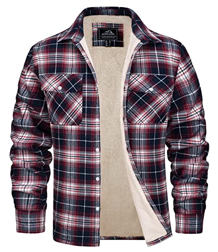 MAGCOMSEN Herren Karierts Freizeithemd Plaid Fleece Jacke Gefüttert Baumwolle Flanellhemd Männer Thermo Arbeit Hemd Innenfutter Holzfäller Hemdjacke Rot Weiß 3XL von MAGCOMSEN