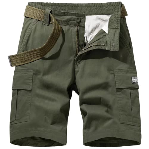 MAGCOMSEN Herren Kurze Freizeithose Sommer Baumwolle Bermuda Atmungsaktiv Outdoor Shorts Männer Cargo Caprihosen Lässige Arbeitshose Gummibund Jagdhose mit Vielen Taschen Armeegrün 30 von MAGCOMSEN