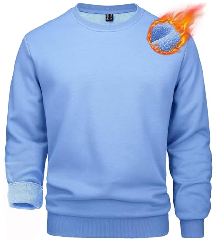 MAGCOMSEN Herren Langarm Fleecepullover Basic Herbst Sweatshirt mit Rundhals Ausschnitt Herren Warm Sportlich Freizeitshirts Gefüttert Essentials T-Shirts Hellblau S von MAGCOMSEN