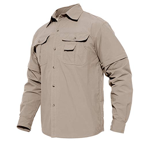 MAGCOMSEN Herren Langarmhemd Us Army Hemd Shirt Leicht Outdoor Wanderhemd Herren Sommer Schnelltrocknendes Safari Hemden Freizeit Arbeitsshirt Angeln Jagd Tropenhemd Khaki 2XL von MAGCOMSEN