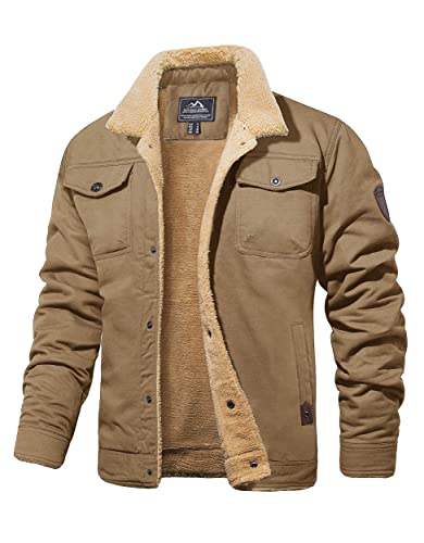 MAGCOMSEN Herren Outdoor Fliegerjacke Warme Fleecejacke Gefüttert Winter Jacken Lässig Militär Jacke Herren Dick Taktische Jacken mit Stehkragen Retro Winddicht Mantel Khaki 2XL von MAGCOMSEN