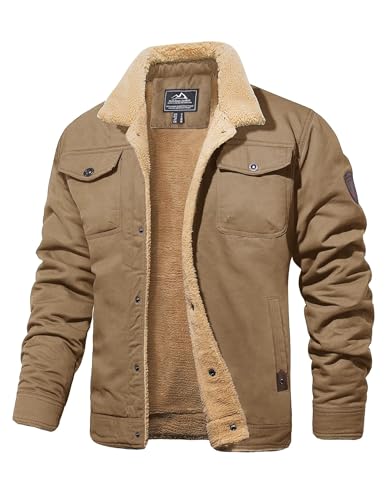 MAGCOMSEN Herren Outdoor Fliegerjacke Warme Fleecejacke Gefüttert Winter Jacken Lässig Militär Jacke Herren Dick Taktische Jacken mit Stehkragen Retro Winddicht Mantel Khaki M von MAGCOMSEN