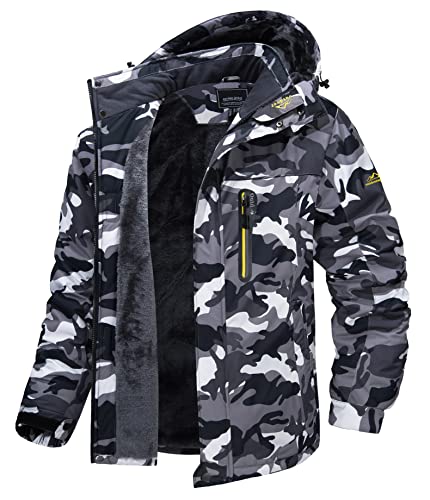 MAGCOMSEN Herren Outdoorjacke Winter Warm Skijacke Winddicht Wasserdicht Trekkingjacke Männer Fleece Gefüttert Wandern Jacke Verdickt Softshell Funktionsjacke mit Kapuze Schwarz-Camo 3XL von MAGCOMSEN