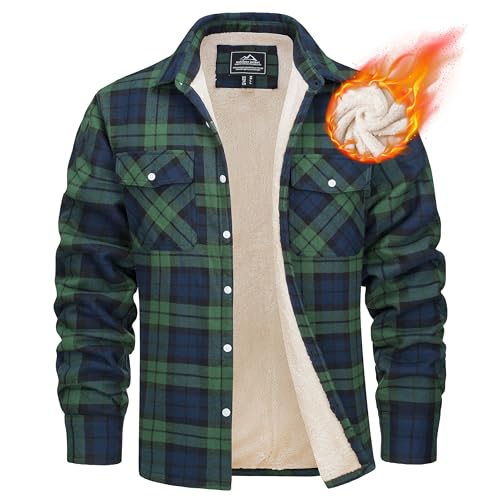 MAGCOMSEN Herren Plaid Fleecejacke Kariertes Hemdjacke Warm Gefüttert Holzfällerhemd Herren Dick Karohemd Baumwolle Arbeitshemd Winter Flanellhemd Button-Down Mantel Grün XXL von MAGCOMSEN