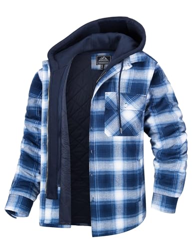 MAGCOMSEN Herren Plaid Hemd Hoodie Winter Holzfällerhemd Abnehmbar Kapuze Karohemd Frühling Baumwolle Arbeitshemd Männer Dick Fleece Flanellhemd Button-Down Bluse mit Mehrfachtaschen Blau Weiß 3XL von MAGCOMSEN