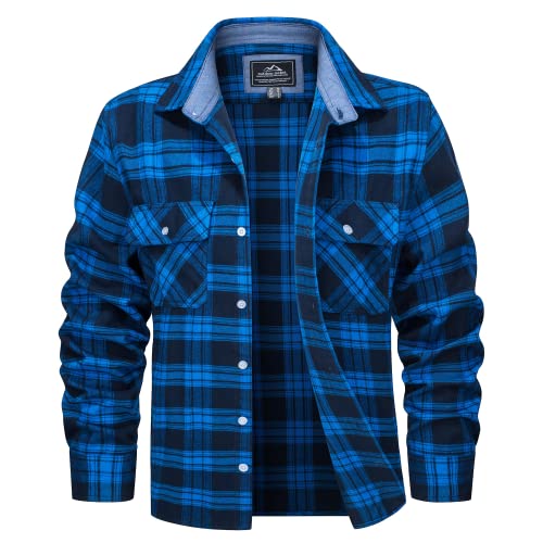 MAGCOMSEN Herren Revers Kariertes Hemd Freizeit Flanellhemd Frühling Herbst Basic Hemd Shirt Männer Outdoor Arbeitshemd Baumwolle Lange Ärmel Karohemd Longsleeve Golf Camping Tops Blau XL von MAGCOMSEN