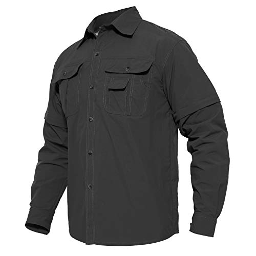 MAGCOMSEN Herren Safari Hemd Quick Dry Outdoor Hemd Frühling Langarmhemd mit Abtrennbaren Ärmel Herren Taktisch Hemd Leicht Sporthemd Atmungsaktiv Angeln Jagdhemd Dunkelgrau L von MAGCOMSEN