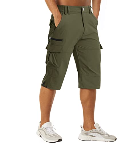 MAGCOMSEN Herren Short Outdoor Caprihose mit 7 Taschen Sommer Schnelltrocknend Wanderhose Herren 3/4 Jogginghose Gummibund Bermuda Shorts Atmungsaktiv Kurze Fahrradhose Armeegrün 34 von MAGCOMSEN