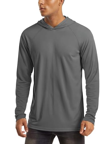 MAGCOMSEN Herren Sport UV Hoodie Schnelltrocknend Rash Guard UPF 50+ Langarm Wandershirt Männer Freizeit Beach T-Shirt mit Kapuze Daumenloch Atmungsaktiv Fitnessshirt Dunkelgrau 2XL von MAGCOMSEN