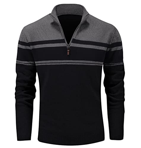 MAGCOMSEN Herren Stehkragen Strickpullover Winter Herbst Pulli Freizeit Thermopullover Herren Warme Fleece Langarmshirt Baumwolle Slim Fit Sweater mit Mock Neck Schwarz-Dunkelgrau XXL von MAGCOMSEN