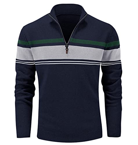 MAGCOMSEN Herren Stehkragen Sweatshirt Feinstrick Fleecepullover Lange Ärmel Strickjacke Winter Arbeitspullover Herren Zip Neck Freizeitshirt Outdoor Gestreifter Shirt Tops Dunkelblau-Grau L von MAGCOMSEN
