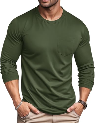 MAGCOMSEN Longsleeve Herren Langarmshirt Männer Baumwolle Rundhals Freizeit Basic Langarm Shirt mit Brusttasche Grün XL von MAGCOMSEN