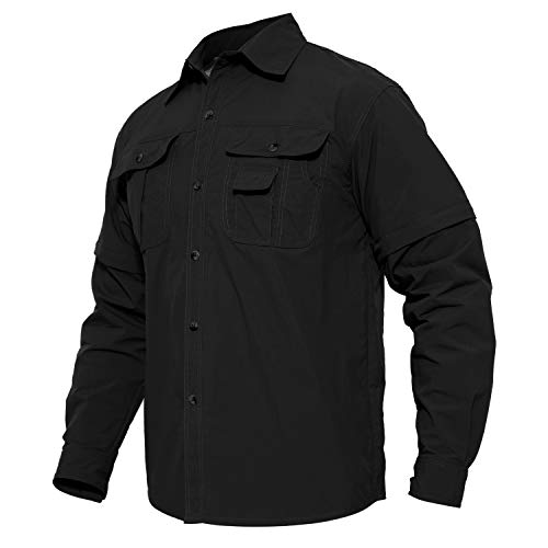 MAGCOMSEN Herren Tactical Hemd Atmungsaktiv Outdoorhemd Frühling Langarm Hemd Herren Safari Hemd Shirt Wandern Trekking Hemden UV Kurzarm Leicht Tropenhemd mit Taschen Schwarz 2XL von MAGCOMSEN