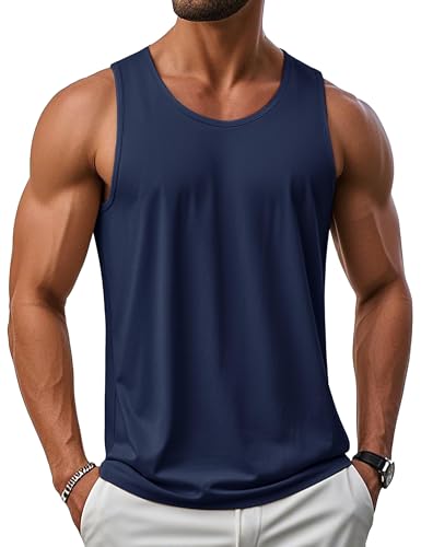 MAGCOMSEN Herren Tank Top Sonnenschutz Muskelshirt Ärmellos Axelshirt Atmungsaktiv Trägershirt Baumwolle Unterhemd Marineblau 3XL von MAGCOMSEN
