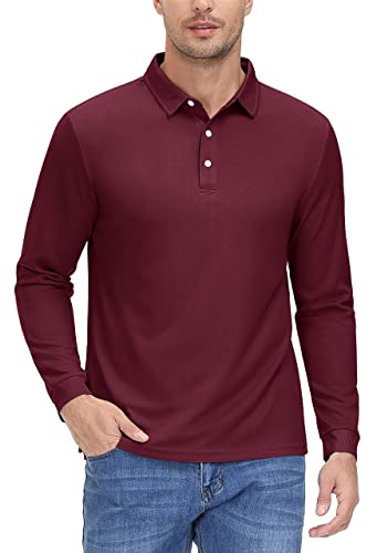 MAGCOMSEN Herren Tennis Langarm T-Shirt Stretch Poloshirt Atmungsaktiv Activewear Polo Einfarbig Polohemd, Weinrot, L von MAGCOMSEN