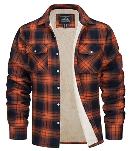 MAGCOMSEN Herren Thermohemd Warme Kariertes Hemd Gefüttert Plaid Jacke Baumwolle Holzfällerhemd Herren Flanell Winterjacke Lässig Outdoor Übergangsjacke mit Multi Taschen Orange S von MAGCOMSEN