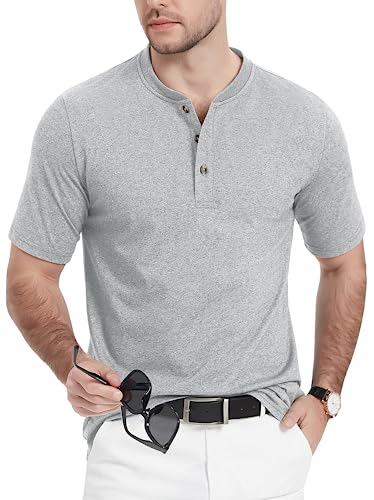 MAGCOMSEN Herren V Ausschnitt Kurzarm Classic Henley T-Shirt Sommer Lässige Freizeitshirt Herren Atmungsaktiv Stretch Outdoorshirt mit 3 Knöpfen Hellgrau L von MAGCOMSEN