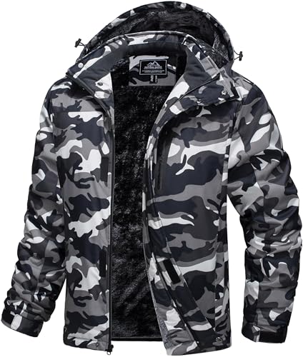 MAGCOMSEN Herren Wame Winterjacke Winddicht Fleece Softshelljacke Atmungsaktiv Wasserdicht Skijacke Snowboardjacke Multi Taschen Arbeitsjacke Schwarz Camo L von MAGCOMSEN