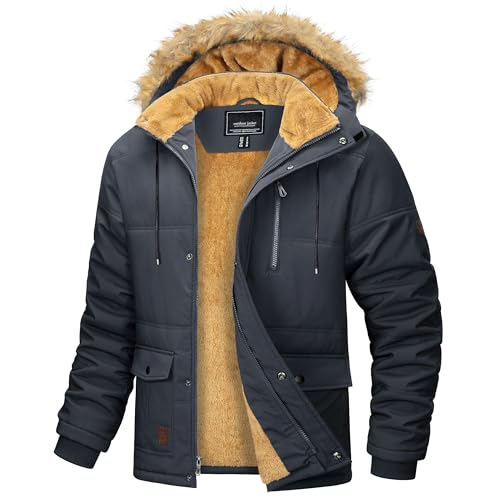 MAGCOMSEN Herren Warme Winterjacke Fleece Gefüttert Parkamantel Winddicht Wasserdicht Trekkingjacke Herren Outdoor Funktionsjacke Jagd Angeln Jacke mit Fellkapuze Dunkelgrau XL von MAGCOMSEN