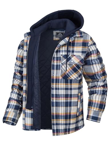 MAGCOMSEN Herren Winter Freizeithemd Kariert Fleece Hemd Hoodie Baumwolle Langarm Flanellhemd Männer Thermo Arbeitshemd Gefüttert Plaid Mantel Lässige Karohemd Jacke mit Abnehmbar Kapuze Gelb 3XL von MAGCOMSEN