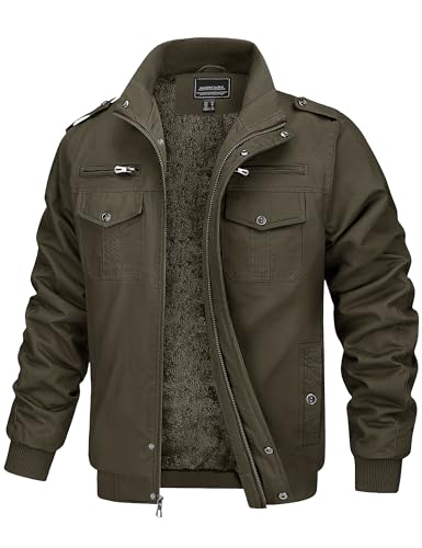MAGCOMSEN Winterjacke Herren Fleecejacke Arbeitsjacke Baumwolle Reißverschluss Jacke Pilotenjacke Winter Armeegrün 2XL von MAGCOMSEN