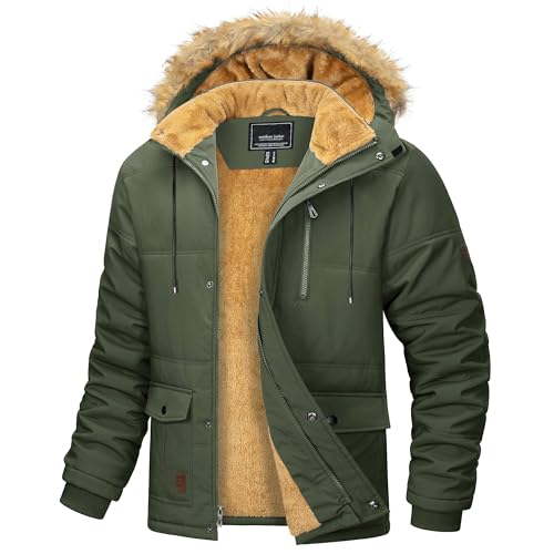 MAGCOMSEN Herren Wintermantel Parka Warme Outdoorjacke Fleece Winddicht Kapuzenjacke Herren Gefüttert Arbeitsjacke Verdickt Übergangsjacke Wandern Trekkingjacke mit Multi Taschen Armeegrün L von MAGCOMSEN