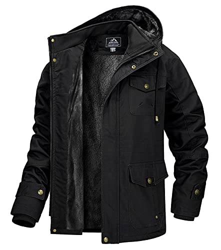 MAGCOMSEN Herren Winterparka Fleece Gefüttert Winterjacke mit Fell Herren Cargo Wintermantel Outdoor Bomberjacke mit 7 Taschen Schwarz 2XL von MAGCOMSEN