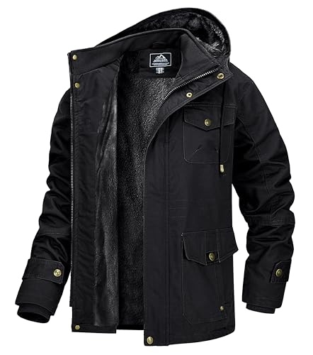 MAGCOMSEN Herren Winterparka Fleece Gefüttert Winterjacke mit Fell Herren Cargo Wintermantel Outdoor Bomberjacke mit 7 Taschen Schwarz XL von MAGCOMSEN
