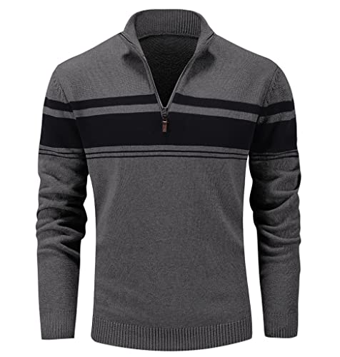 MAGCOMSEN Herren Zip Neck Sweater Longsleeve Gestreift Pullover Lässige Stehkragen Sweatshirt Männer Viertelreißverschluss Winter Fleecepullover Casual Freizeitshirt Dunkelgrau-Schwarz S von MAGCOMSEN