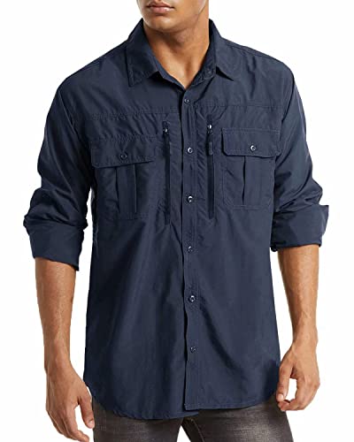 MAGCOMSEN Herren Langarm Outdoorhemd Atmungsaktiv Taktische Hemd Schnelltrocknend Safari Hemden Herren Leicht Sporthemd Sonnenschutz Kampfshirt mit Multi Taschen Dunkelblau S von MAGCOMSEN