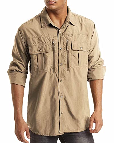 MAGCOMSEN Herren Tactical Hemd US Army Langarmhemd UV Schutz UPF 50+ Funktionshemd Herren Outdoor Wanderhemd für Arbeit Camping Atmungsaktiv Stretch Tropenhemd Khaki L von MAGCOMSEN